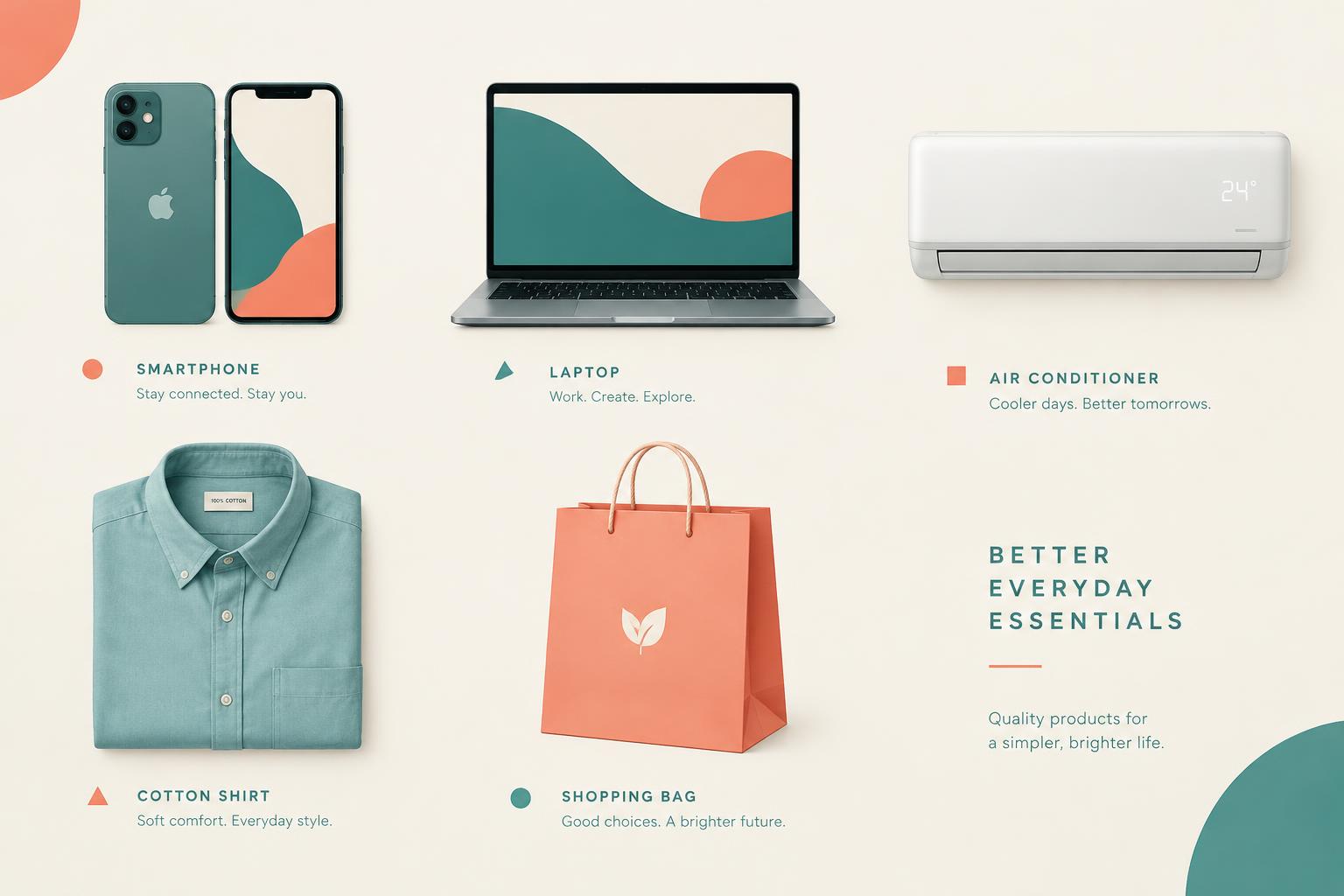 Illustration of a curated selection of a smartphone, laptop, air conditioner, cotton shirt and shopping bag
